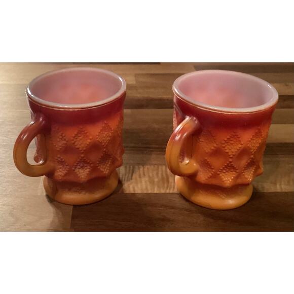VTG Anchor Hocking Fire King KIMBERLY Textured Diamond Red Orange Ombre Mugs 3.5 - Picture 8 of 10